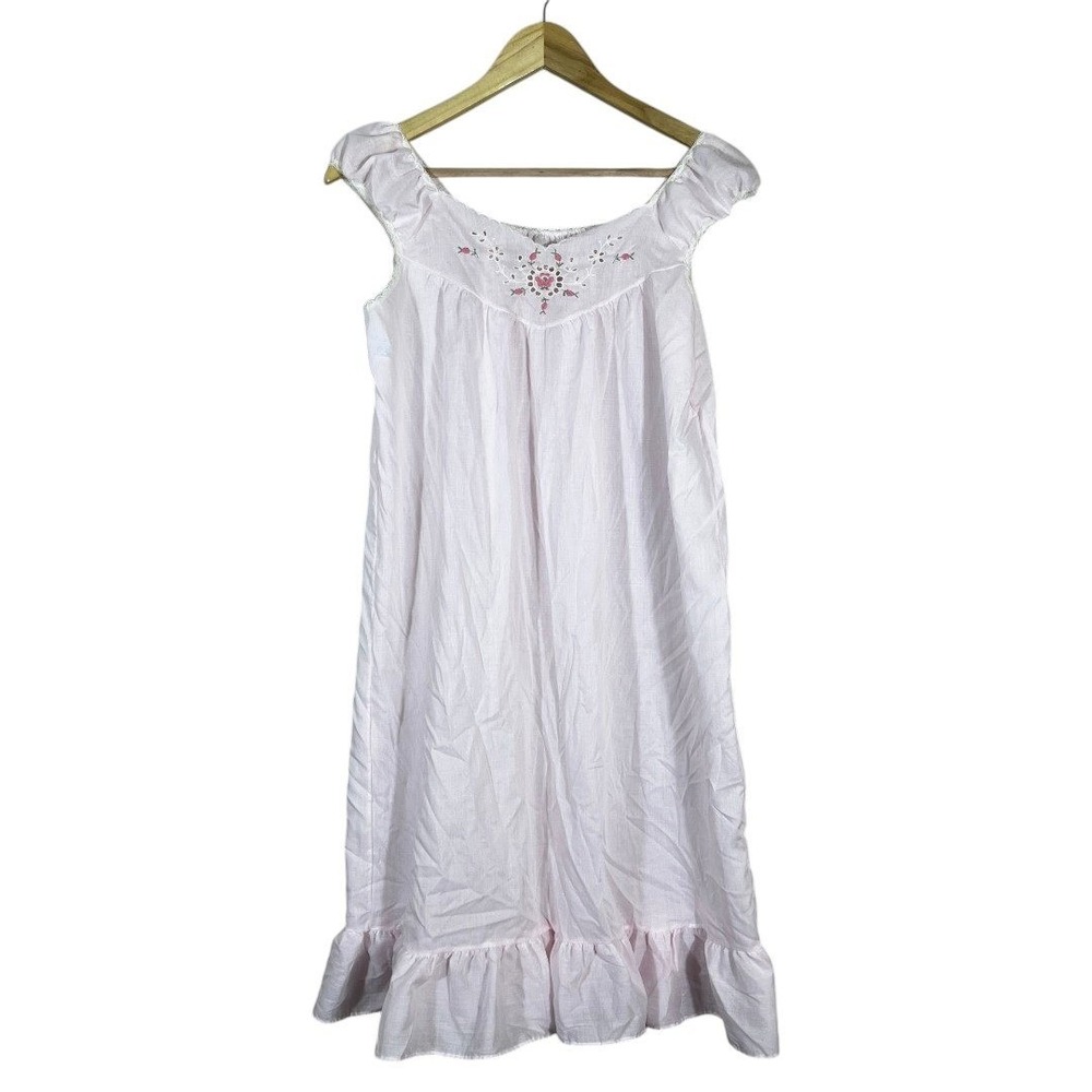 Vintage Katz Floral Embroidered Eyelet Lace Nightgown Pink Cottagecore Size M